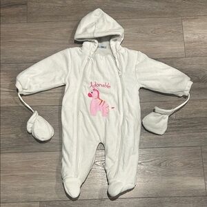 Adorable White Snowsuit Bunting with Pink Horse design and attached‎ mittens